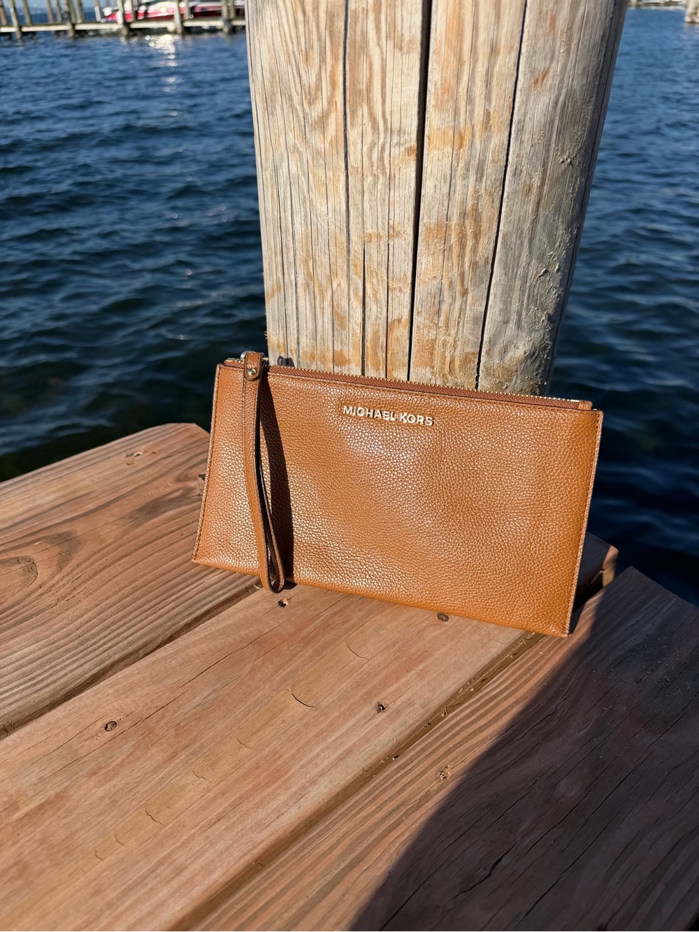 Michael Kors Brown Pebbled Leather Wristlet Pouch